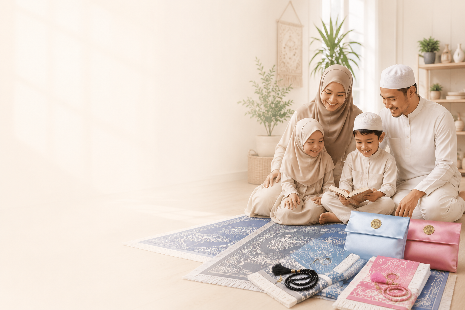 Keluarga bahagia bersedia solat dengan SujoodGo